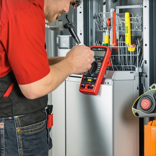 Homeowner inspecting dishwasher with multimeter and endoscope camera, demonstrating proper diagnostic techniques