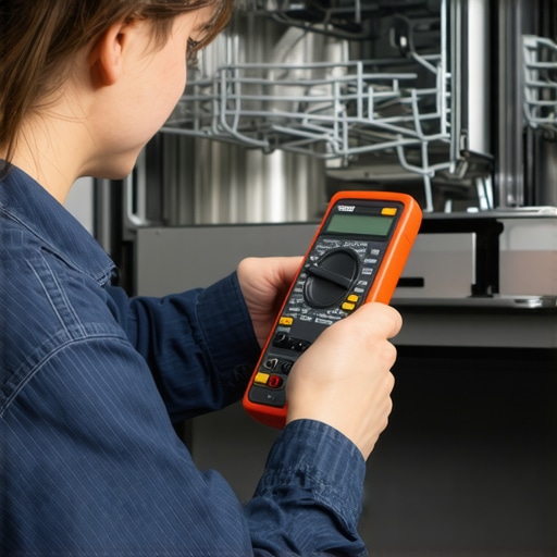 Person testing dishwasher wiring with a multimeter in a kitchen.