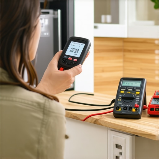 Person measuring dishwasher temperature with infrared thermometer and testing electrical components with a multimeter