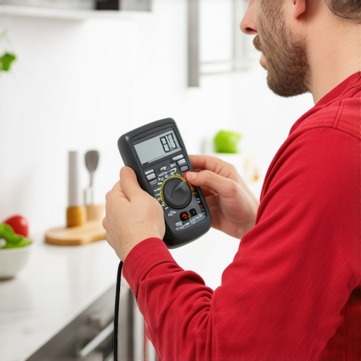 A technician carefully testing wiring and electrical parts of a dishwasher using a multimeter.