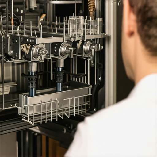 Technician inspecting dishwasher inlet valve and spray arms for clogs