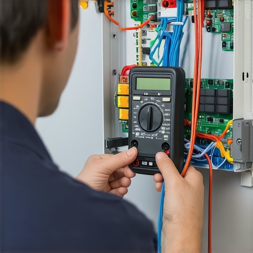 Technician using multimeter to test dishwasher control board circuitry.