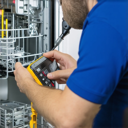 Technician inspecting dishwasher components with advanced diagnostic tools.