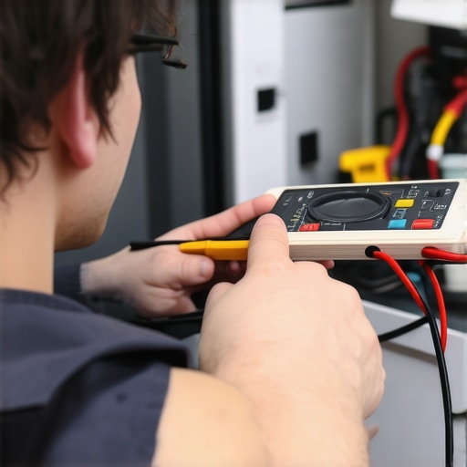 Technician testing dishwasher's electrical connection using a multimeter.