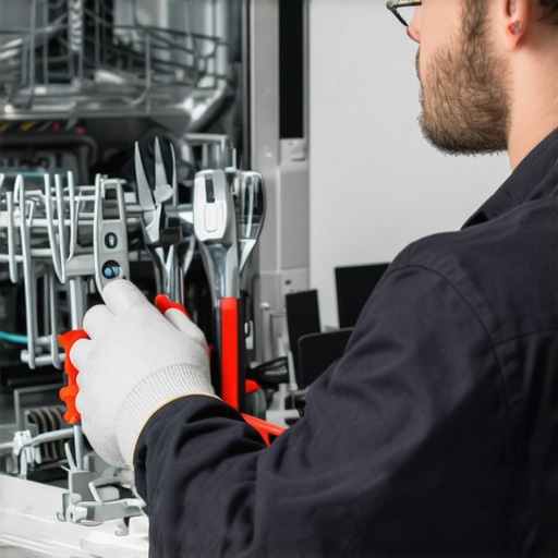 Technician inspecting dishwasher's internal parts for faults