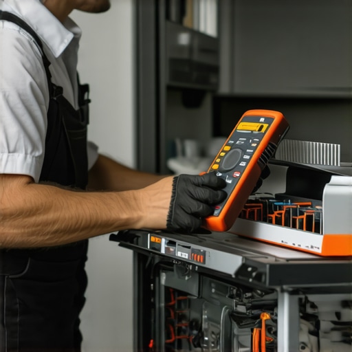 Technician using multimeter and ultrasonic cleaner during dishwasher maintenance