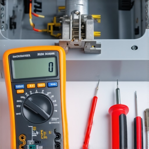 Close-up of multimeter testing dishwasher heating element with tools surrounding it.