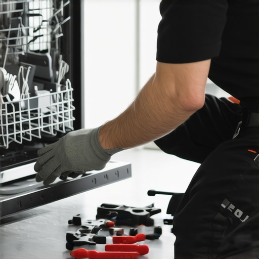 Technician replacing dishwasher door cable with tools