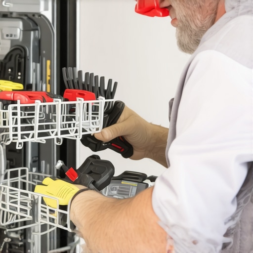 Technician replacing dishwasher hinge spring in kitchen