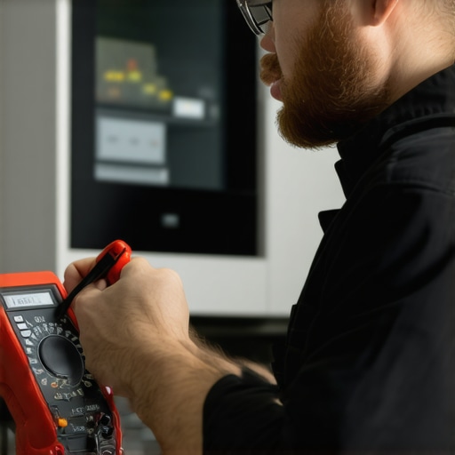 Technician testing appliance wiring with multimeter in kitchen