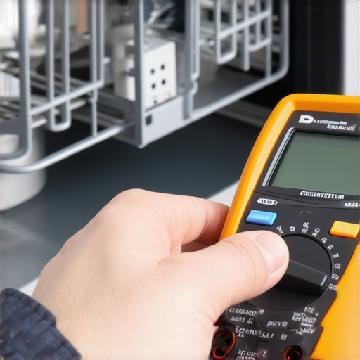 Tech using multimeter to diagnose dishwasher electrical system.