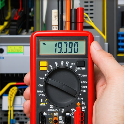 Close-up of a multimeter testing dishwasher wiring for fault diagnosis.