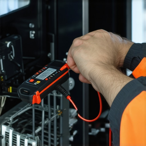 Technician testing dishwasher wiring with a multimeter during repair process