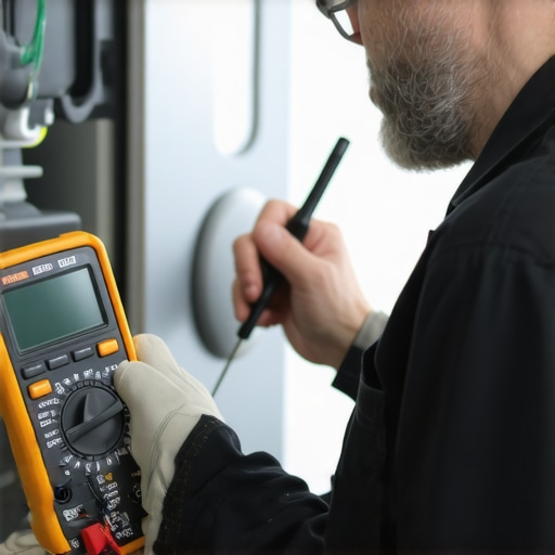 Technician testing dishwasher components with multimeter and inspecting with borescope.