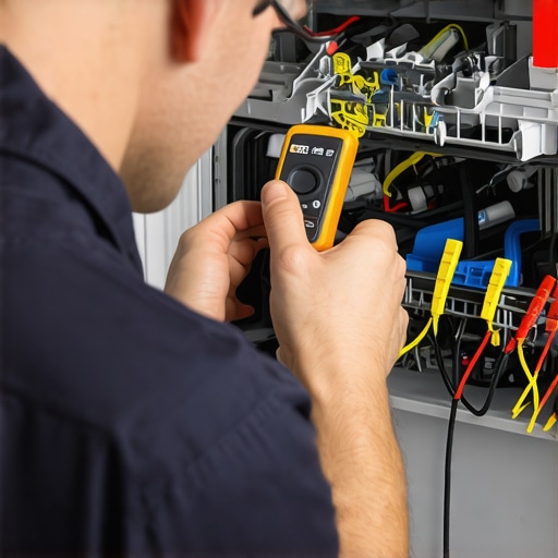 Person testing dishwasher wiring with multimeter for faults