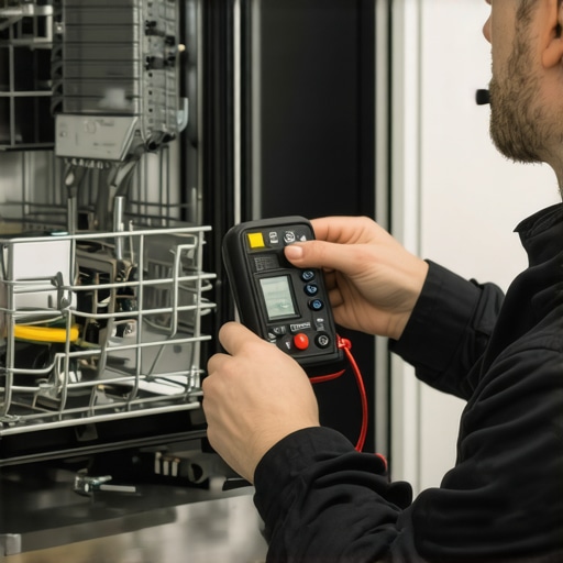 Technician using multimeter and infrared tool to diagnose dishwasher motor issues
