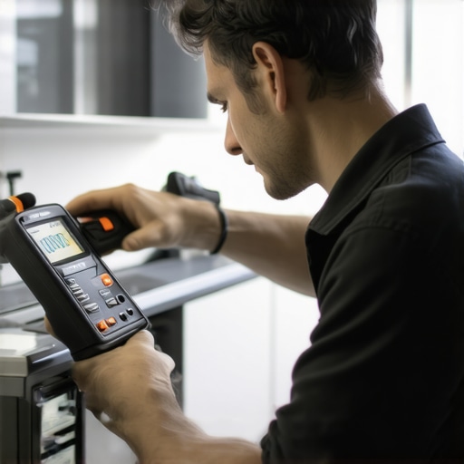 Technician performing electrical tests on a dishwasher with a multimeter and thermal camera