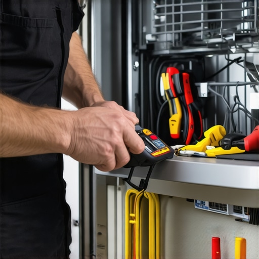 Homeowner diagnosing dishwasher wiring with multimeter Expert testing electrical connections inside a dishwasher using a multimeter