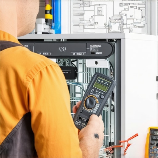 Person testing dishwasher electrical components with multimeter in kitchen.