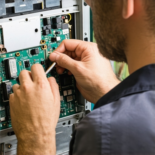Technician examining a dishwasher control circuit board showing rust and corrosion signs