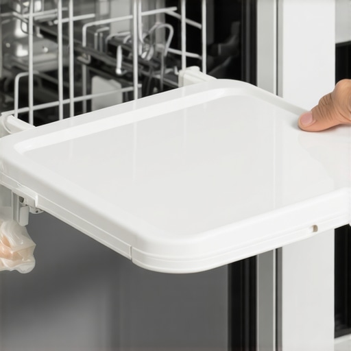 Person applying lubricant to dishwasher door hinge and inspecting the plastic lid for smooth movement.
