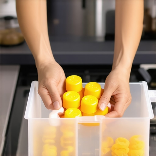 Person examining dishwasher detergent pods and residue inside a kitchen