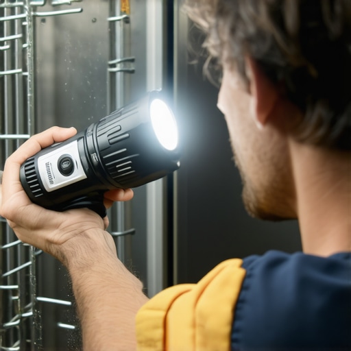 A hand holding an LED flashlight and mirror examining a dishwasher's spray arm for micro-cracks.