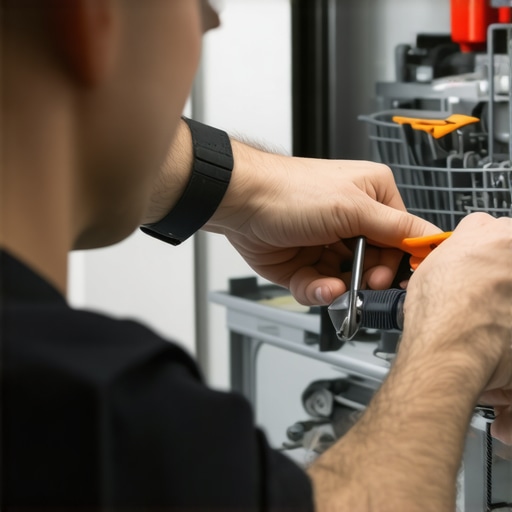 Technician checking dishwasher inlet valve for debris and damage