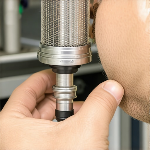 Technician inspecting dishwasher inlet valve mesh filter for debris
