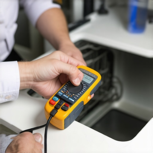 Person using multimeter to measure dishwasher energy usage during cycle