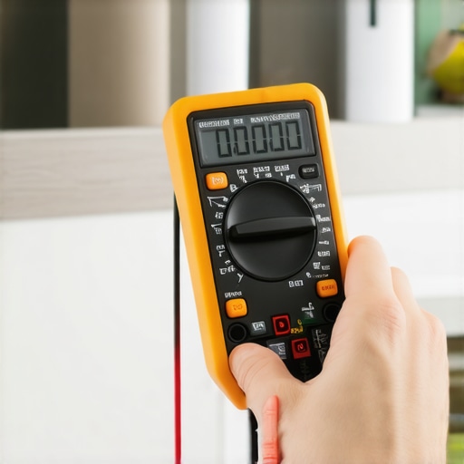 Person using a digital multimeter to test a dishwasher component.