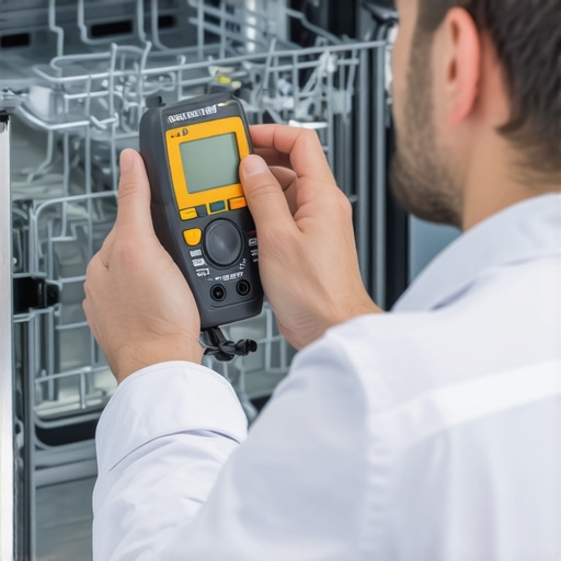 Technician diagnosing dishwasher faults using advanced tools
