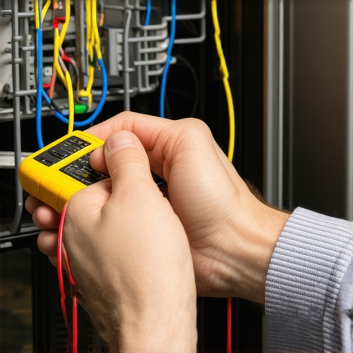 A technician's hand holding a multimeter testing wires inside a dishwasher