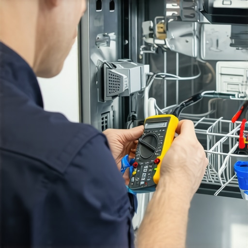 Close-up of a person using a multimeter to test a dishwasher's circulation pump.