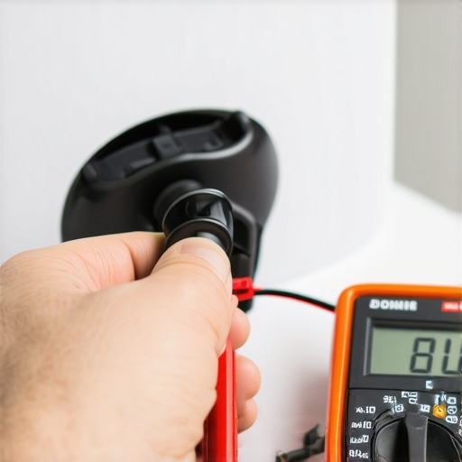 Hand connecting test leads to dishwasher drain solenoid for electrical test.