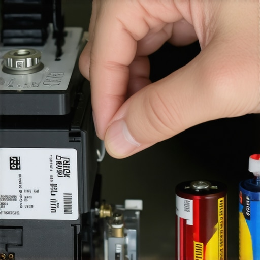 Close-up of hand connecting 9V battery to dishwasher solenoid for testing