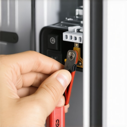 Person performing a safety test on a small dishwasher thermal fuse using a 9V battery and insulated clips.
