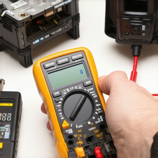 Close-up of a multimeter and borescope camera used in appliance diagnostics in a workshop