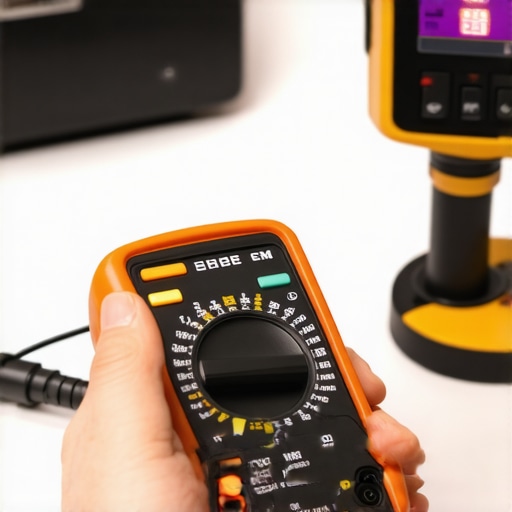 A person using a multimeter and infrared camera for appliance diagnostics
