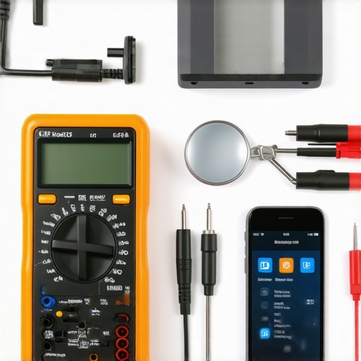 Electrical testing tools and diagnostic equipment laid out on a workbench for dishwasher maintenance.