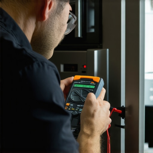 Technician testing a dishwasher's electrical components with a multimeter and inspecting with a borescope
