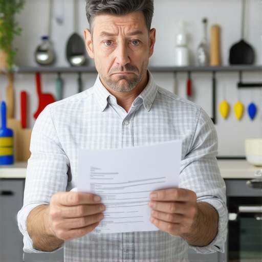 Homeowner reviewing warranty paperwork with repair tools in a kitchen.