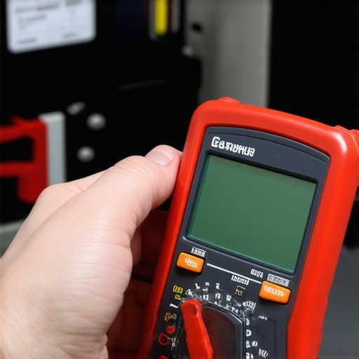 Close-up of a digital multimeter measuring a dishwasher's heating element in a repair scene.