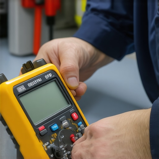 Technician testing a dishwasher component with a multimeter in a workshop.