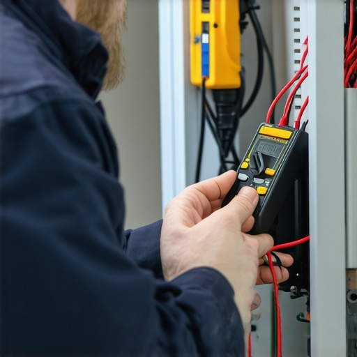 Technician testing appliance wiring with a multimeter to ensure proper electrical connections.