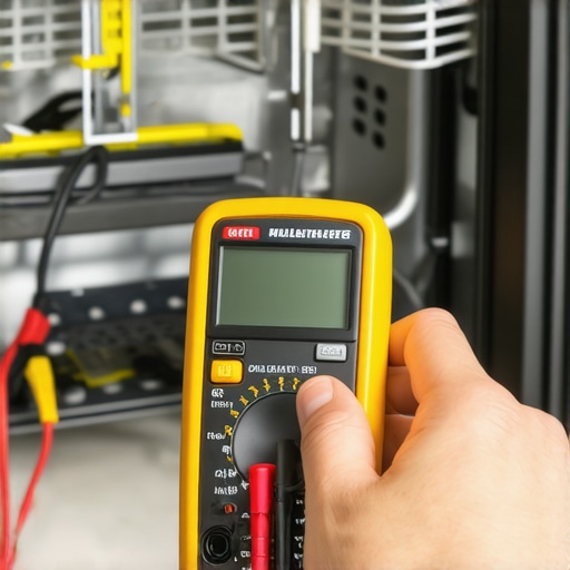 Person testing dishwasher wiring with a multimeter for troubleshooting