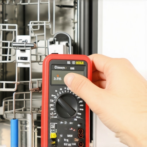 Close-up of a multimeter testing a dishwasher component during appliance repair.
