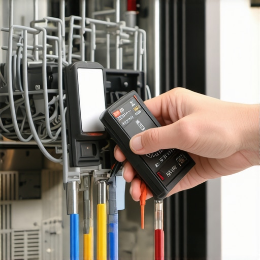 Person measuring dishwasher's electrical component with a multimeter