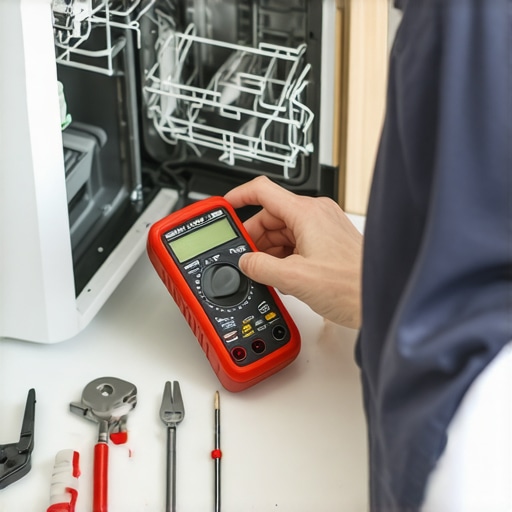Homeowner testing dishwashers wiring with a multimeter during routine maintenance.