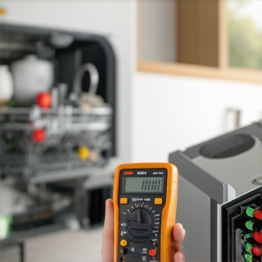 Using a Multimeter to Check Appliance Components Person measuring dishwasher heating element with multimeter in kitchen.